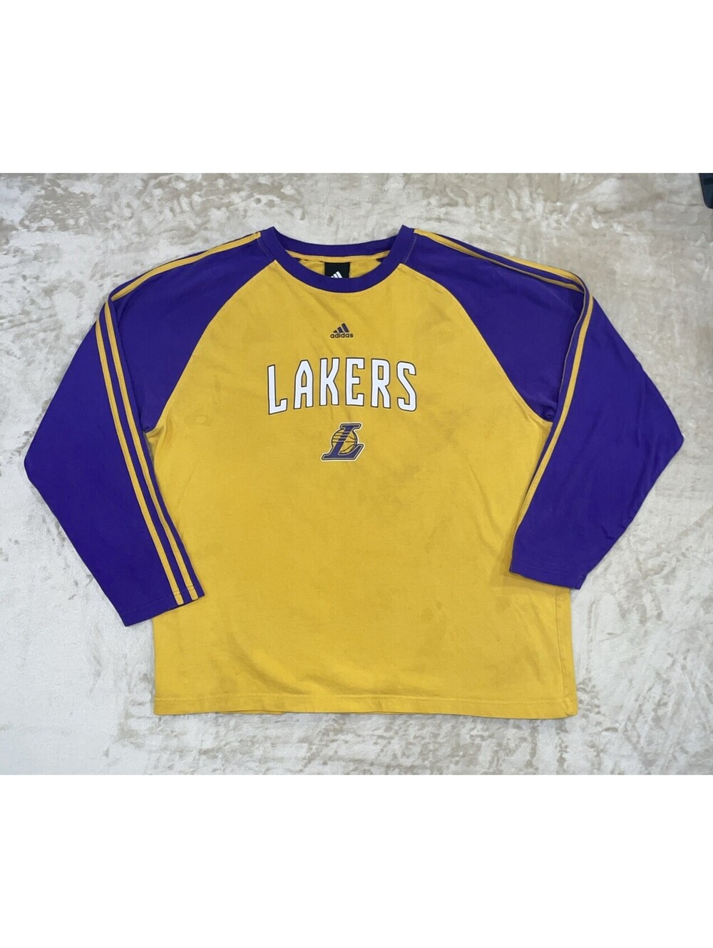 Adidas Los Angeles Lakers Long Sleeve Raglan Shirt Gold Purple Mens XL *FLAWS*